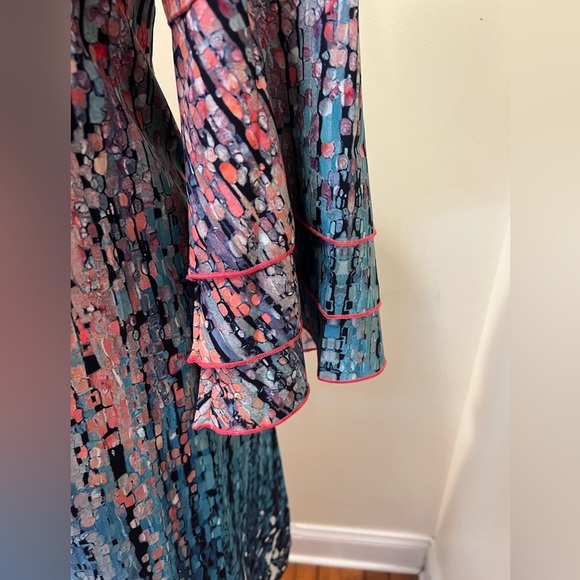 Ombre Bell Sleeve Dress V Neck Pink Teal Abstract Sz L NWT - Picture 4 of 9